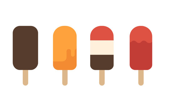 Popsicle icon vector set. Stick ice cream collection isolated. Summer frozen dessert illustration. Chocolate, fruit, orange, vanilla flavor. Cold food sweet treat symbol.