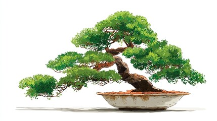 An elegant bonsai tree with green foliage cascades over a curved trunk in a weathered ceramic pot