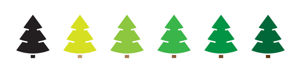 Fir tree icons set. Christmas tree concept. Colorful green, brown and black symbol. Isolated on a white background. Editable stroke. Flat design. Vector illustration.