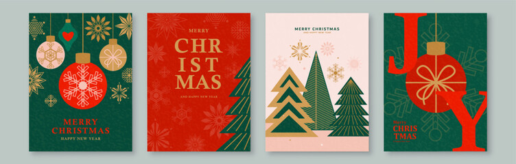 Christmas backgrounds set vector illustration. Modern greeting merry xmas and happy new year with typography, christmas tree, ball, snowflake. Winter geometric pattern with textured effect