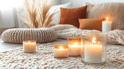 Cozy home interior decoration with burning candles on rug in living room