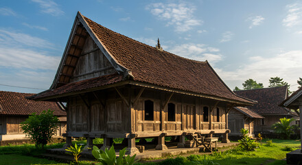 Obraz premium Traditional Wooden House on Elevated Platform in Rural Setting with Clear Sky