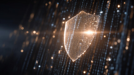 Massive glowing digital shield floating in front of endless streams of cascading binary code, symbolizing data protection, advanced cybersecurity defense systems, encrypted firewalls, and the