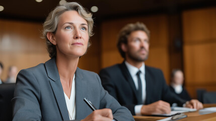 Panel of female and male jurors observing witness testimony with serious expressions while taking notes, symbolizing courtroom diligence, unbiased assessment, professional evaluation, legal