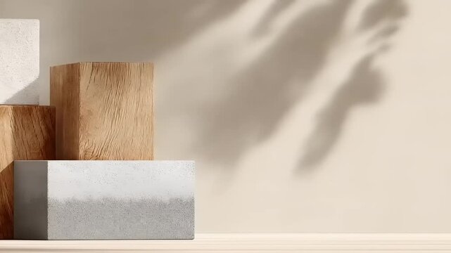 Composition of textured wood and concrete blocks. Shadows of foliage dance across a warm-toned backdrop