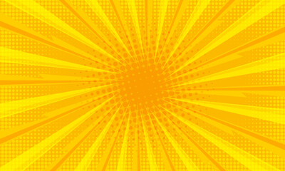 Pop art yellow comic book background. Trendy creative pop art orange halftone style background. Anime explosion design with thunder lightning rays