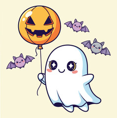 Fototapeta premium Cute cartoon ghost holding a jack o lantern balloon with happy bats flying around it isolated on white background