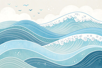 Abstract Ocean Waves Watercolor Landscape with Flowing Lines and Gradient Colors