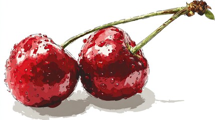 Two ripe, red fruit with water droplets on them connected by a green stem, white backdrop