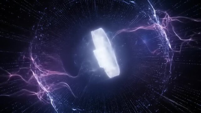 Glowing Key Animation with Digital Particle Effects and Geometric Background