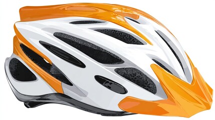 Close-up studio shot of a white and orange bicycle helmet, angled slightly with vents