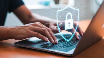 Closeup of hands typing on a laptop with a digital shield and padlock overlay, symbolizing cybersecurity and data protection measures