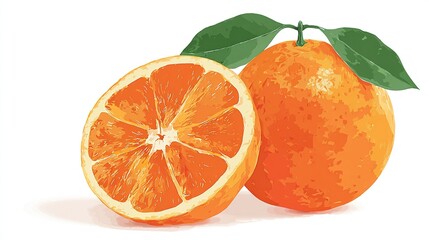 Two citrus fruits, one halved, displaying juicy pulp, leaves intact, set against a white background with shadow