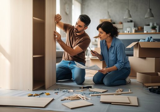 Man and woman assembling furniture in new home living room