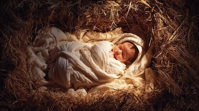 Top-down view of baby Jesus peacefully sleeping in the manger, wrapped in simple white swaddling clothes &mdash; a serene, sacred nativity moment filled with divine calm.

