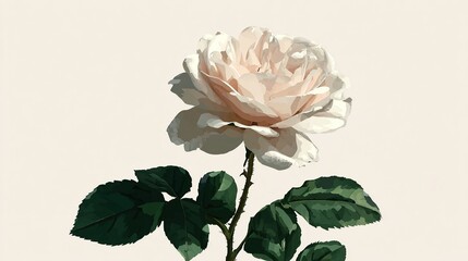 Delicate illustration of a blooming flower with soft white petals and green leaves, set against a plain background