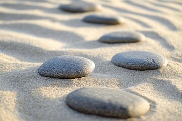 Smooth gray stones arranged on raked sand create peaceful and calming Zen garden scene with soft natural light enhancing tranquil atmosphere