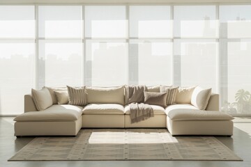 Spacious u shaped sectional sofa with plush cushions in a bright sunlit room