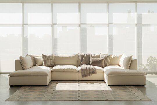 Spacious u shaped sectional sofa with plush cushions in a bright sunlit room
