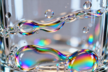 Close up of iridescent bubbles in a glass of liquid showcasing rainbow colors and light refraction