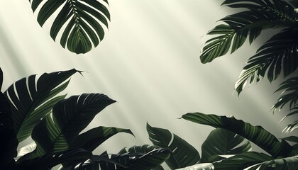 Sunlight streams through lush green tropical foliage, creating a serene and natural scene.