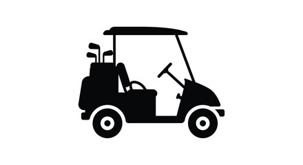 Stylized silhouette icon of a golf cart with clubs in back ready for the course isolated on white background silhouette design isolated on white background