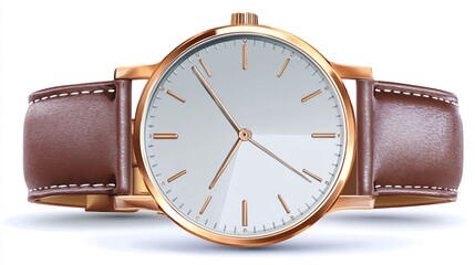 A detailed shot of a wristwatch with a gold case, white face, and brown leather strap, centered