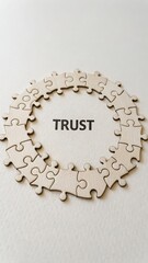 Wooden Puzzle Pieces Forming Circle Around Word Trust Concept
