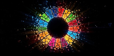 Colorful sustainable development goals wheel with zodiac-style symbols representing UN 2030 Agenda for global sustainability and social progress visualization. Destruction or opposition of the plan