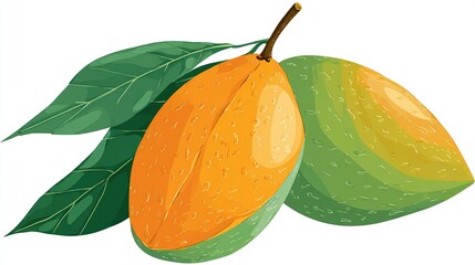 A pair of mangoes with green leaves. One is orange, the other green with speckled texture