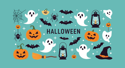 Fototapeta premium Spooky Halloween ghosts bats pumpkins lanterns and a witch hat adorn this festive illustration.