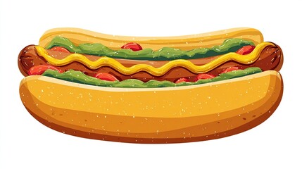 A vibrantly illustrated hot dog with toppings, including relish, mustard, and chopped tomatoes, in a toasted bun