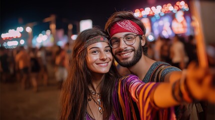 Two young adults smiling and posing for a selfie at a vibrant festival, dressed in colorful attire with bright lights in the background.