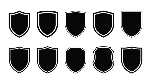 Collection of ten diverse vector shield icons for graphic design projects scalable eps format silhouette White background