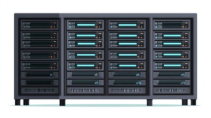 A detailed illustration displays rows of dark-colored, rectangular servers with glowing panels, ideal for data storage