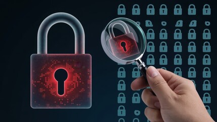 Closeup of a hand holding a magnifying glass over a red padlock, symbolizing cybersecurity and data protection in the digital age concept