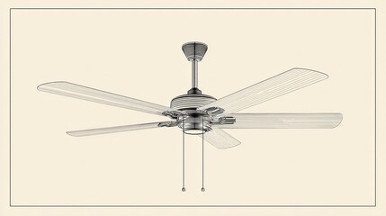 A classic five-blade ceiling fan, rendered in grayscale, hangs centrally against a beige backdrop