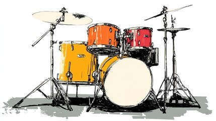 A detailed sketch-style illustration of a drum kit in bright colors, with a focus on the drums and cymbals