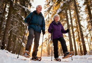 Elderly couple snowshoeing in winter forest at sunset