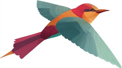 Colorful illustration of a bird in flight, displaying wings open and a tail stretched, isolated on white