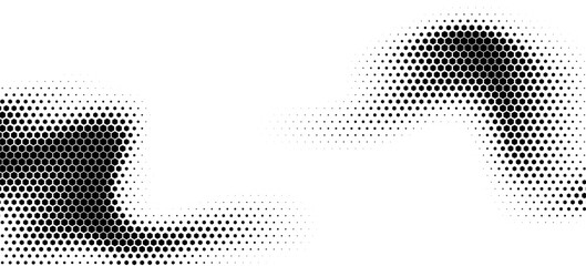 Hexagon halftone gradient texture. Abstract black grunge background. Geometric retro halftone tech wallpaper. Fading wavy hexagonal pattern backdrop. Vector vanishing honeycomb grunge bitmap overlay