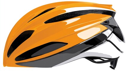A vibrant orange helmet with black accents and air vents, designed for bicycle safety, isolated on white