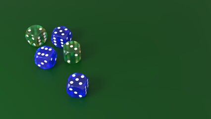 5 dés à jouer bleus et verts sur un fond vert - rendu 3D
