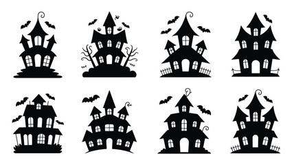 Collection of spooky silhouette haunted houses vector illustrations for halloween celebrations silhouette White background