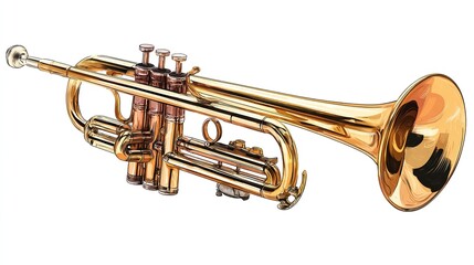 A polished brass musical instrument, the trumpet, is depicted against a stark white background