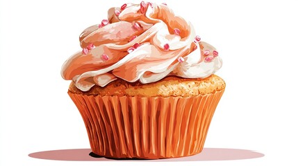 A single, appetizing cupcake with a fluffy, swirled frosting dotted with sprinkles sits on a white background