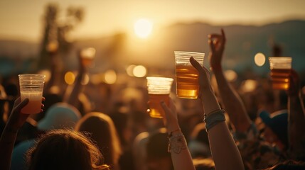 A vibrant sunset scene at a festival, with people raising cups of drinks, celebrating and enjoying the lively atmosphere.