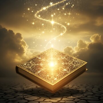 Glowing enchanted book opening to reveal radiant stars and magical energy in a mystical golden sky