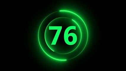Neon green number 76 inside glowing concentric circles on black background numeral digit