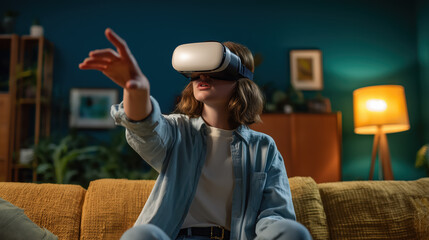 Woman wearing virtual reality headset exploring metaverse at home